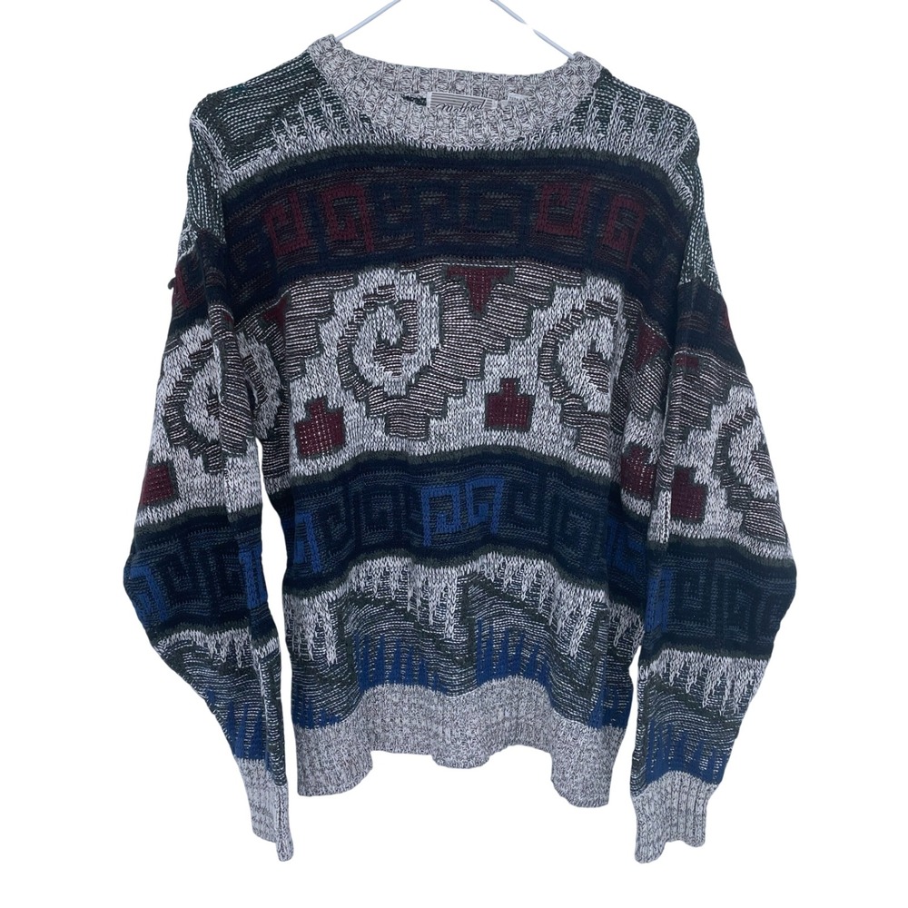 Vintage 90s Method Geometric Striped Pattern Knit Crewneck Sweater Large Women